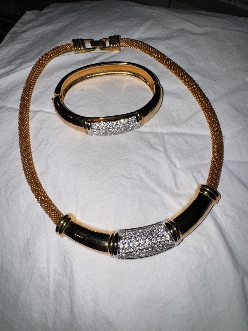 Vintage 1980’s Swarovski Gold-Tone Crystals Mesh Necklace and Bracelet Set